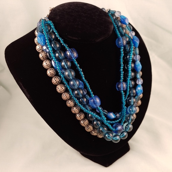 Multi-Strand Layered Beaded Necklace Blue Silver 5 Strands 15"-18" - Picture 1 of 8